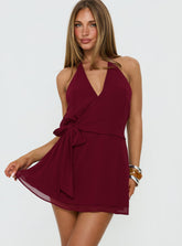 Dream Of Me Wrap Halter Mini Dress Burgundy