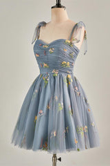 Blue Floral A-line Short Party Dess