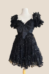 Black A-line Short Babydoll Dress with Bow