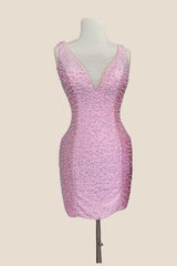 Pearls Pink V Neck Tight Mini Dress