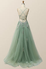 Blue V Neck Appliques Long Formal Dress