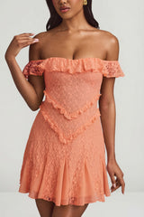 Off-Shoulder Lace A-Line Mini Dress in Peach