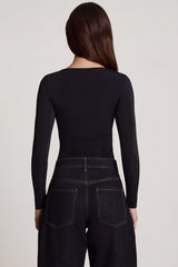 Soft Jersey Sweetheart Ruched Long-Sleeve Top in Black