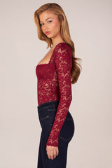 Long-Sleeve Laced Bodysuit in Wine