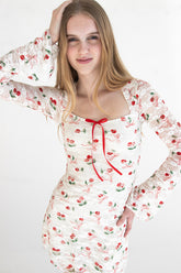 Lace Cherry Bow Long Sleeve Mini Dress