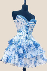 Strapless Blue Floral Corset A-line Short Ruffle Dress