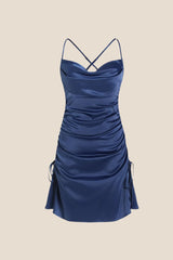Straps Navy Blue Satin Cowl Neck Slit Short Dress