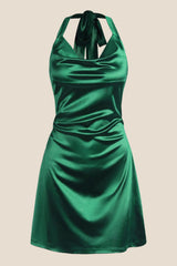 Navy Blue Cowl Neck Halter Soft Satin Mini Dress
