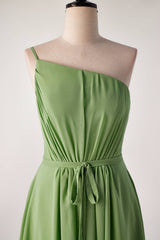 One Shoulder Matcha Green Long Bridesmaid Dress with Sash