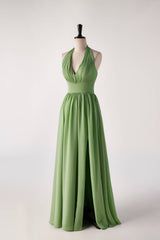 Halter V Neck Matcha Green Long Bridesmaid Dress