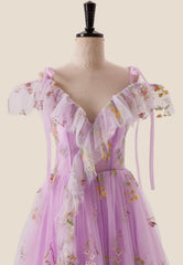 Off the Shoulder Lilac Floral Ruffles Formal Dress