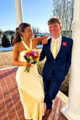 Halter Yellow Soft Satin Fitted Long Dress