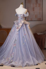 Off the Shoulder Purple Floral Embroidery A-line Ball Gown