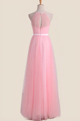 Halter Pink Pleated Tulle A-line Long Party Dress