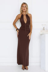 Soft Power Dressing Halter Maxi Dress Chocolate