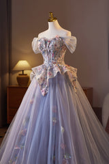 Off the Shoulder Purple Floral Embroidery A-line Ball Gown