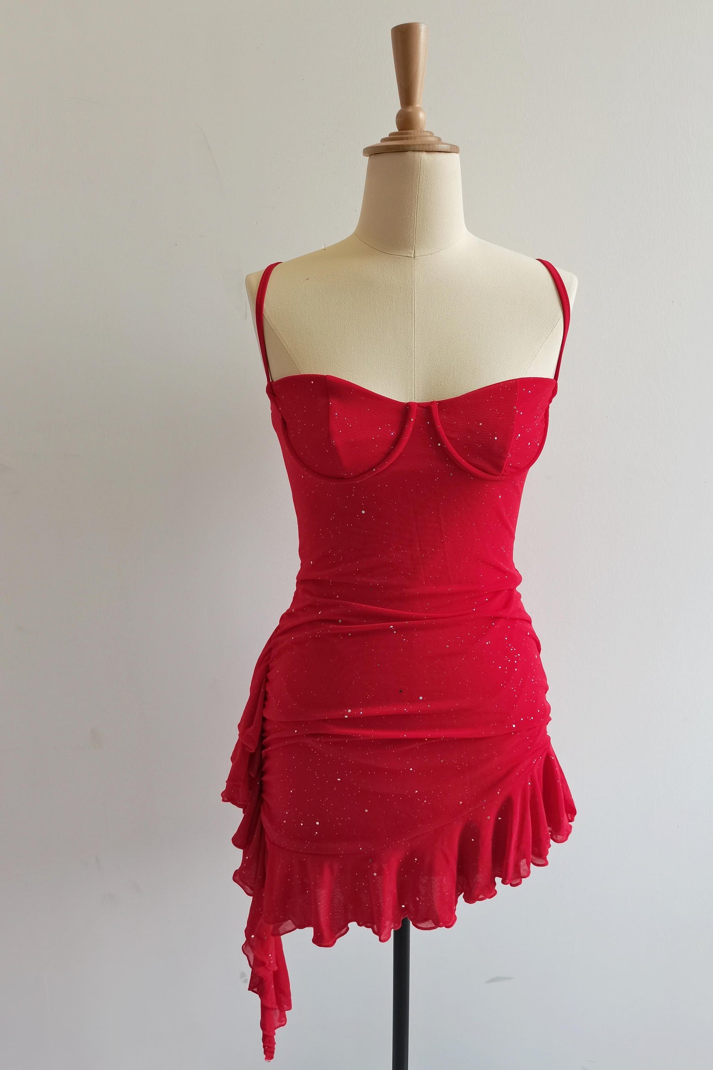 Straps Red Sparkle Fitted Dress with Ruffles