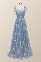 Tie Straps Blue Floral A-line Long Formal Dress