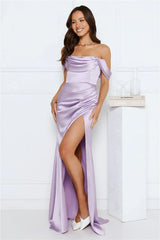 Silken Starlet Off Shoulder Satin Maxi Dress Lavender
