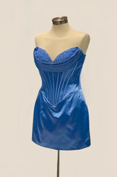 Appliques Neck Blue Satin Short Dress