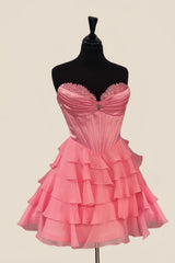 Appliques Neck Pink Corset Tiered Short Dress