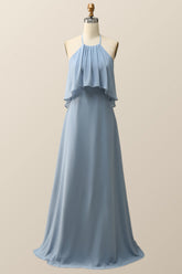 Halter Misty Blue Ruffle Chiffon Long Bridesmaid Dress