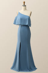 One Shoulder Cold Sleeve Misty Blue Mermaid Long Bridesmaid Dress