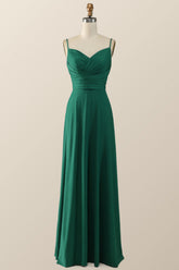 Simply Green Pleated Satin Long Bridesmaid Dress
