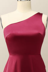 One Shoulder Wine Red Satin A-line Formal Dress