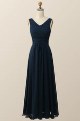 Navy Blue Pleated Chiffon A-line Long Bridesmaid Dress
