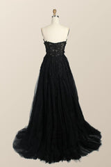 Black Floral Embroidery Strapless A-line Formal Dress