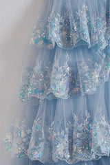 Off the Shoulder Light Blue Sequin Ruffles Long Formal Dress