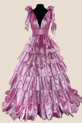 Bow Tie Pink Tiered A-line Long Dress with Slit