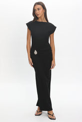 Briona Short Sleeve Buckle Maxi Dress Textured Black