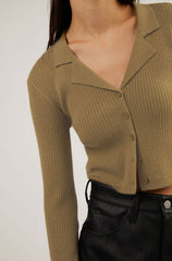 CROPPED COLLARED RIB-KNIT CARDIGAN