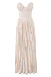 Beige Strapless Pleated Maxi Dress