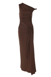 Asymmetric Neck Brown Fitted Dress