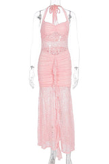 Light Blue Lace Halter Fitted Long Dress