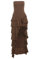 Brown Strapless Asymmetric Ruffle Long Dress