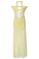Off the Shoulder Yellow Sheer Mesh Long Dress
