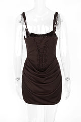 Brown Square Neck Ruched Tight Short Dress