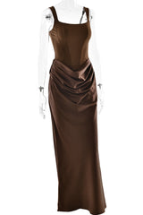 Brown Square Fitted Draped Long Dress