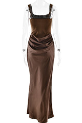 Brown Square Fitted Draped Long Dress