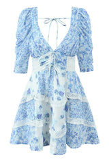 Blue Floral Lace Summer Lace-up Short Skirt
