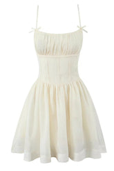 Beige Bow Spaghetti Strap Ruched Short Skirt