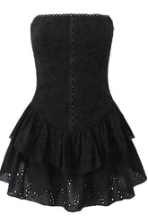 Black Strapless Lace Ruffle Short Dress
