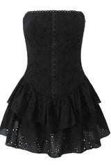 Black Strapless Lace Ruffle Short Dress