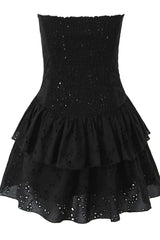 Black Strapless Lace Ruffle Short Dress