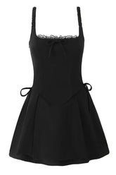 Black Square Lace Neck Bow Short Dress