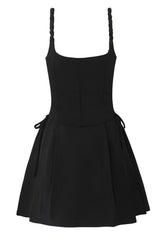 Black Square Lace Neck Bow Short Dress